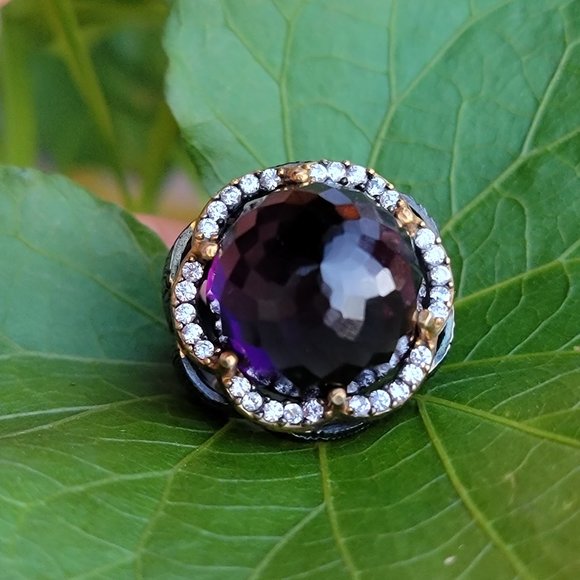 Wow huge chunky cocktail ring with multifaceted amethyst glass orb ornate 925 - Picture 10 of 14